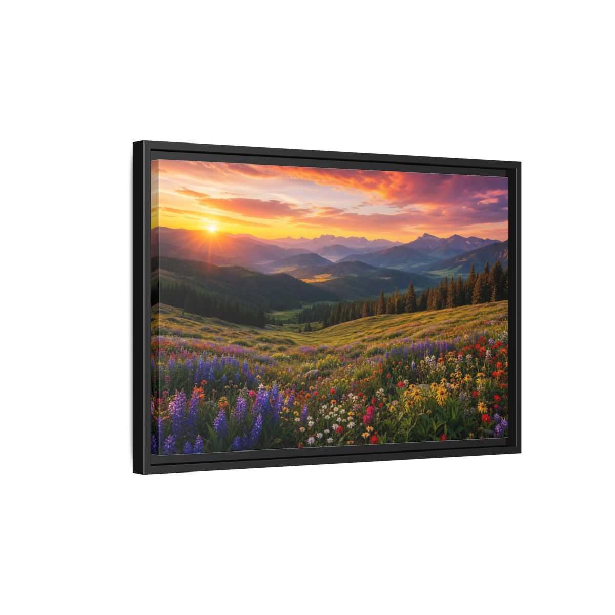 Side Mockup 3. Sunrise Over Wildflower Meadow shown as framed canvas print