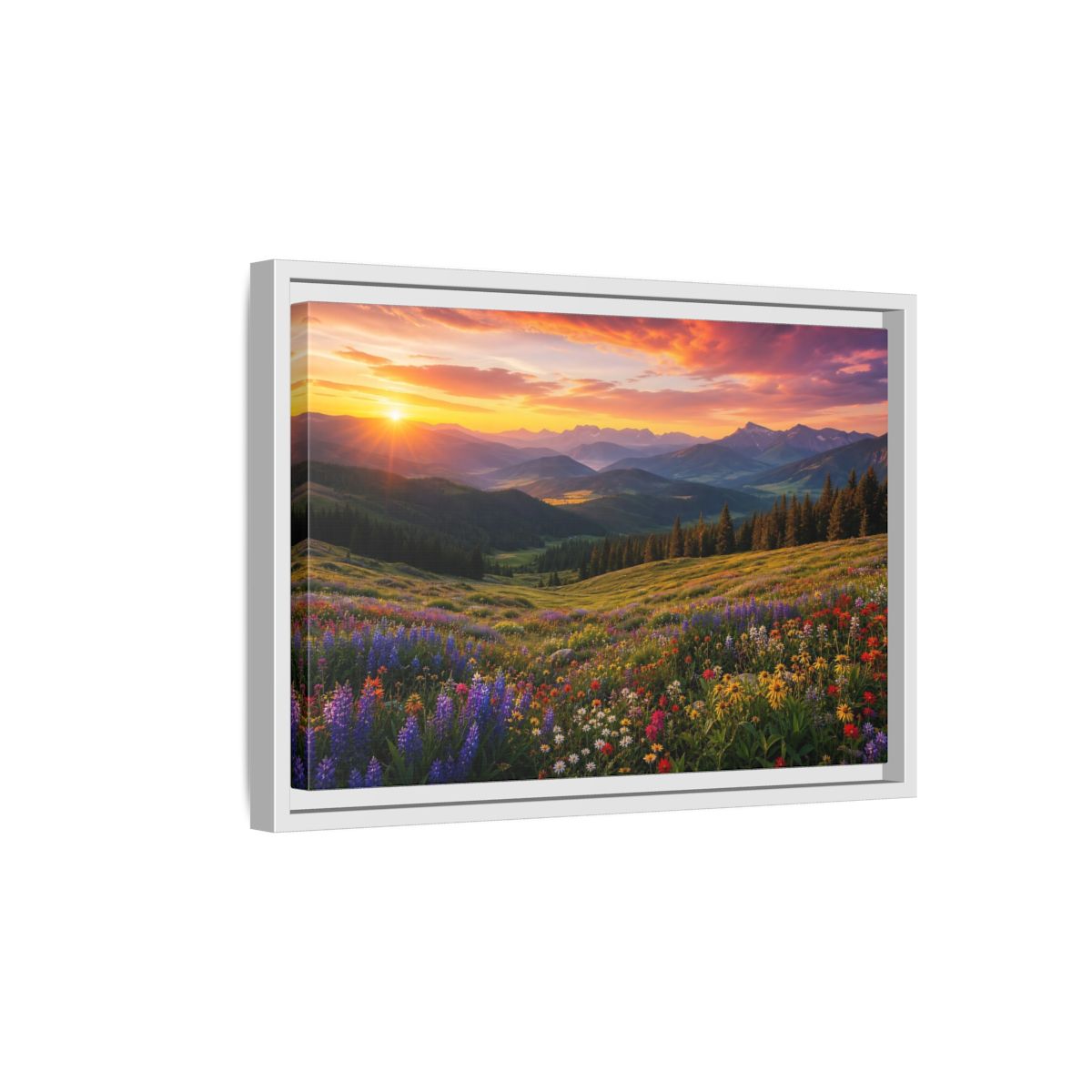 Side Mockup 4. Sunrise Over Wildflower Meadow shown as framed canvas print