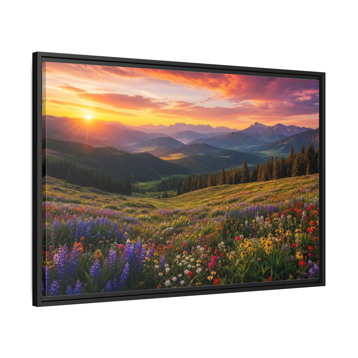 Side Mockup 13. Sunrise Over Wildflower Meadow shown as framed canvas print