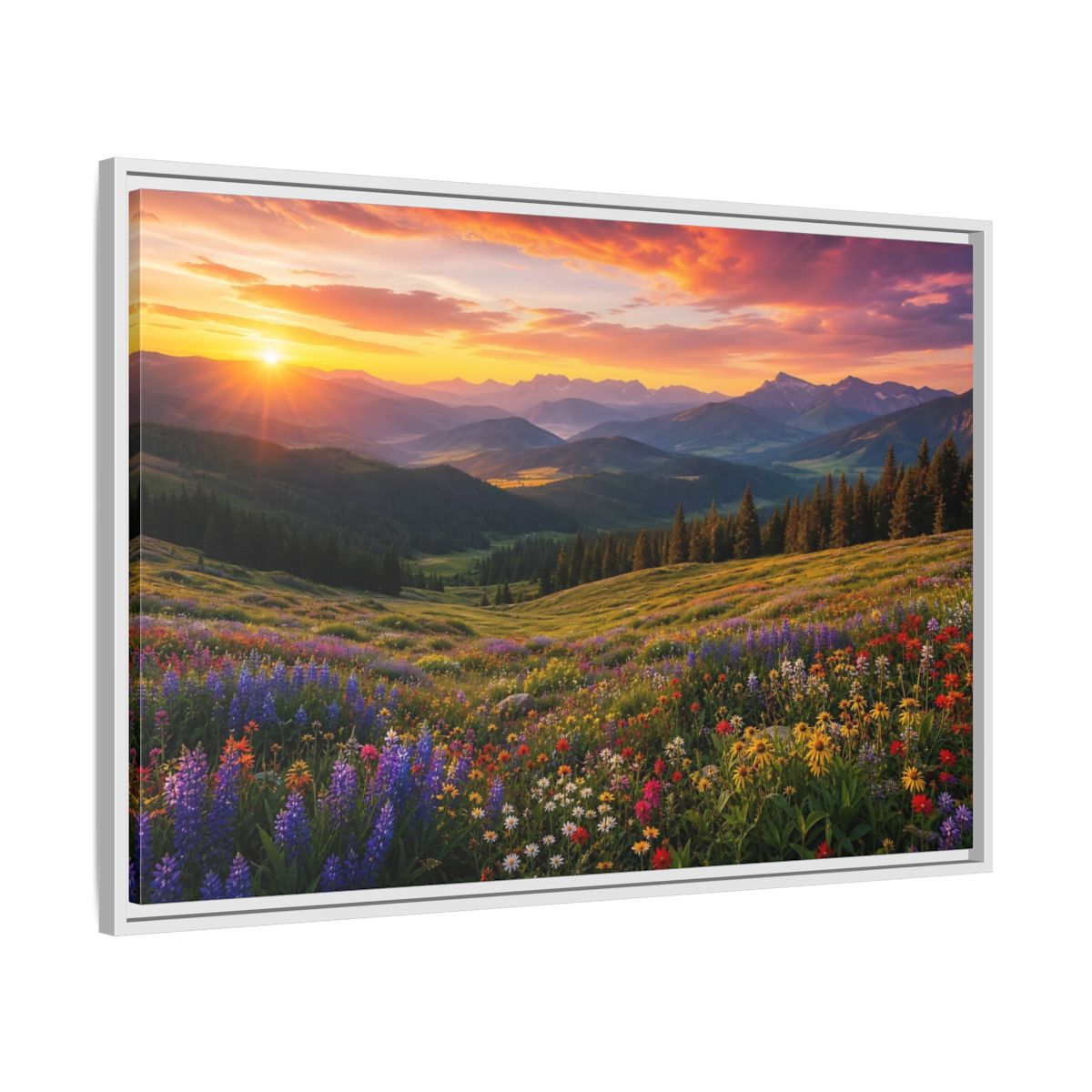 Side Mockup 9. Sunrise Over Wildflower Meadow shown as framed canvas print