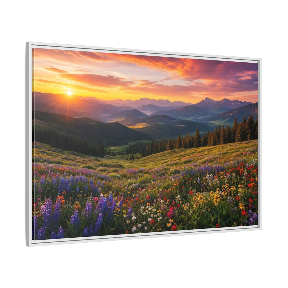 Side Mockup 7. Sunrise Over Wildflower Meadow shown as framed canvas print