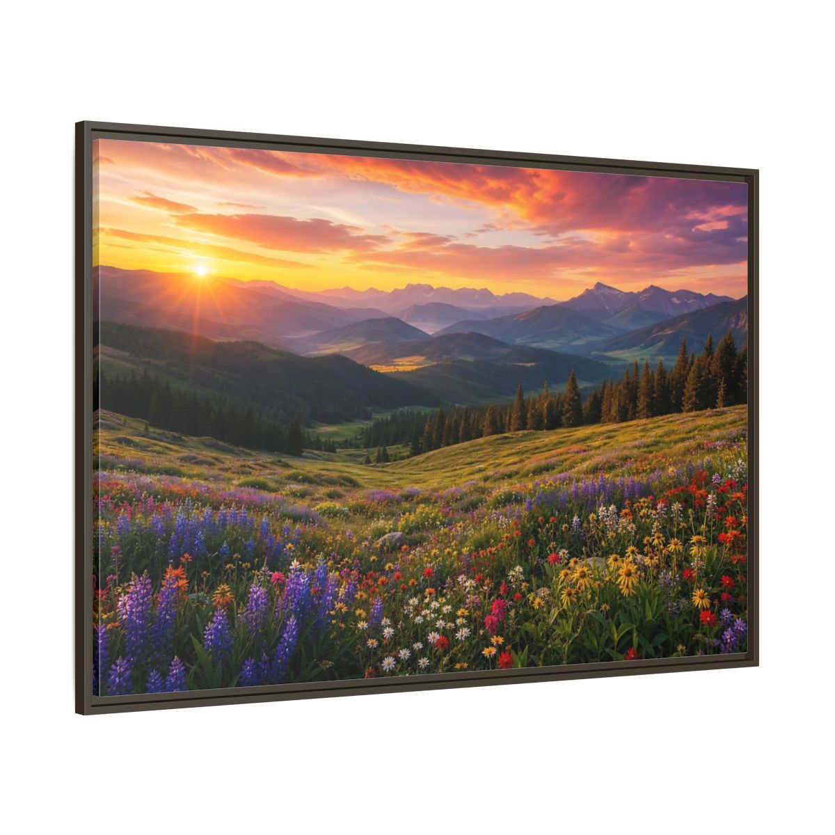 Side Mockup 8. Sunrise Over Wildflower Meadow shown as framed canvas print