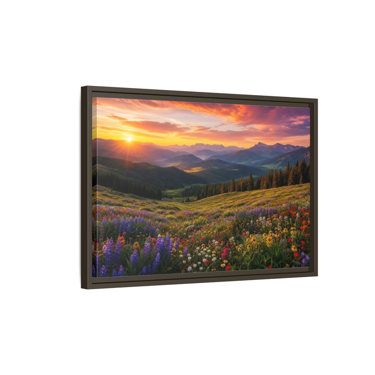 Side Mockup 2. Sunrise Over Wildflower Meadow shown as framed canvas print