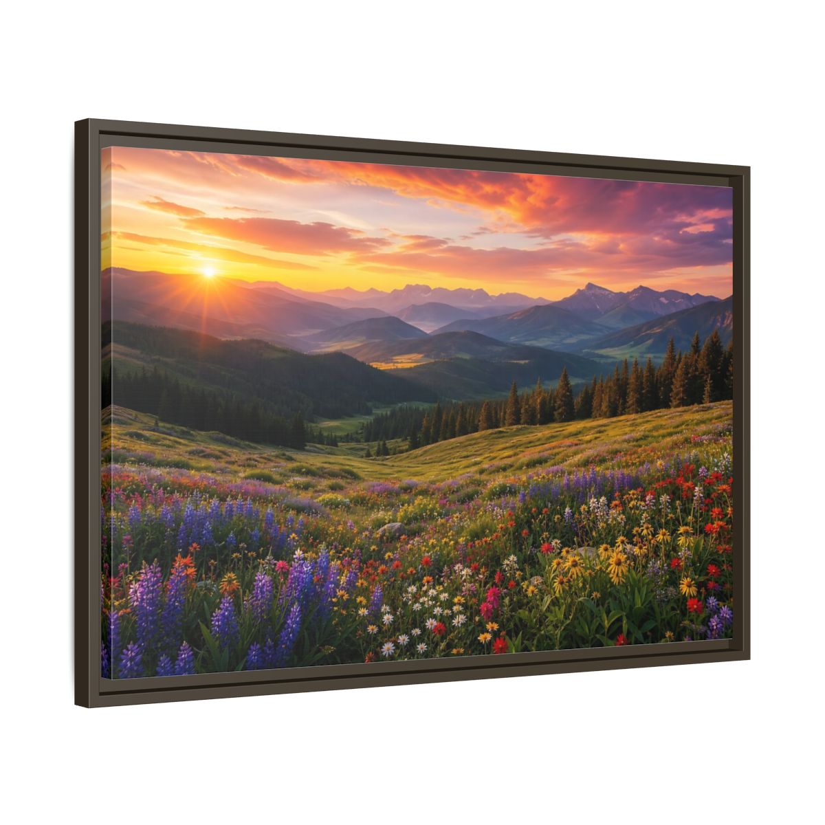 Side Mockup 11. Sunrise Over Wildflower Meadow shown as framed canvas print