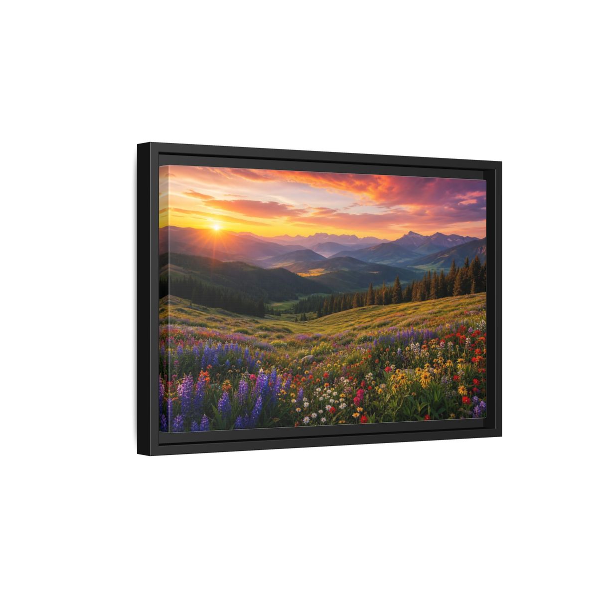 Side Mockup 6. Sunrise Over Wildflower Meadow shown as framed canvas print