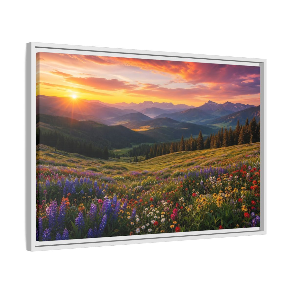 Side Mockup 10. Sunrise Over Wildflower Meadow shown as framed canvas print