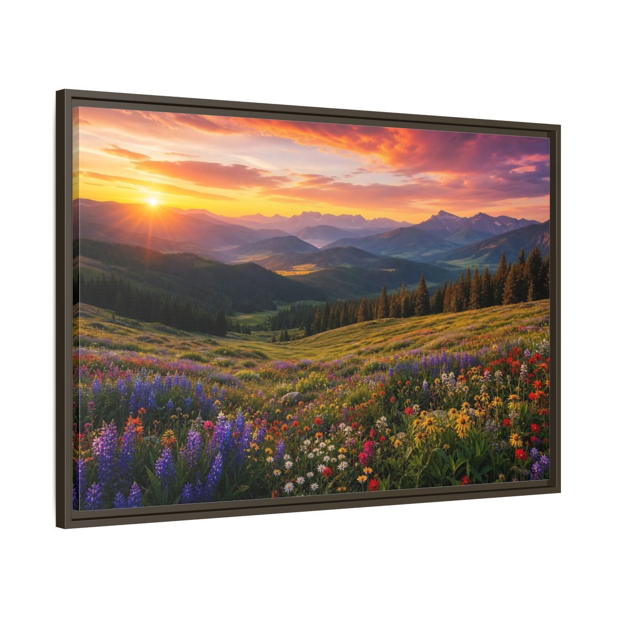 Main Mockup. Sunrise Over Wildflower Meadow shown as framed canvas print