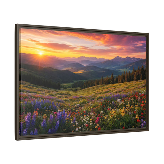 Main Mockup. Sunrise Over Wildflower Meadow shown as framed canvas print