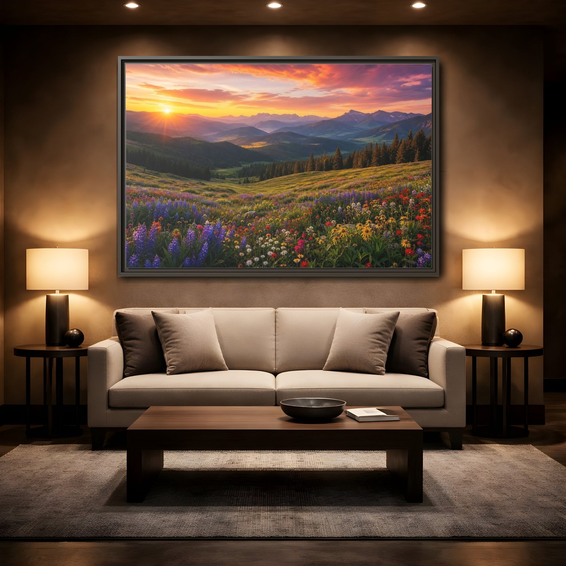 Mockup 2. Sunrise Over Wildflower Meadow shown as framed canvas print