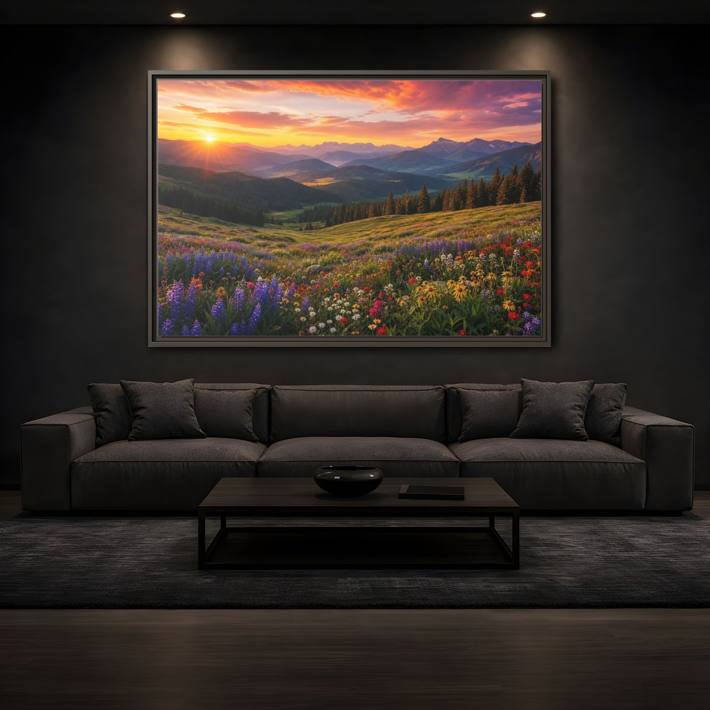 Mockup 3. Sunrise Over Wildflower Meadow shown as framed canvas print