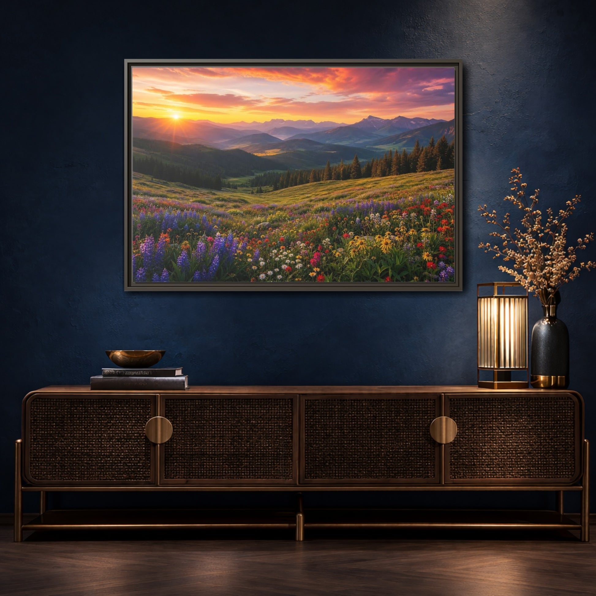 Mockup 4. Sunrise Over Wildflower Meadow shown as framed canvas print