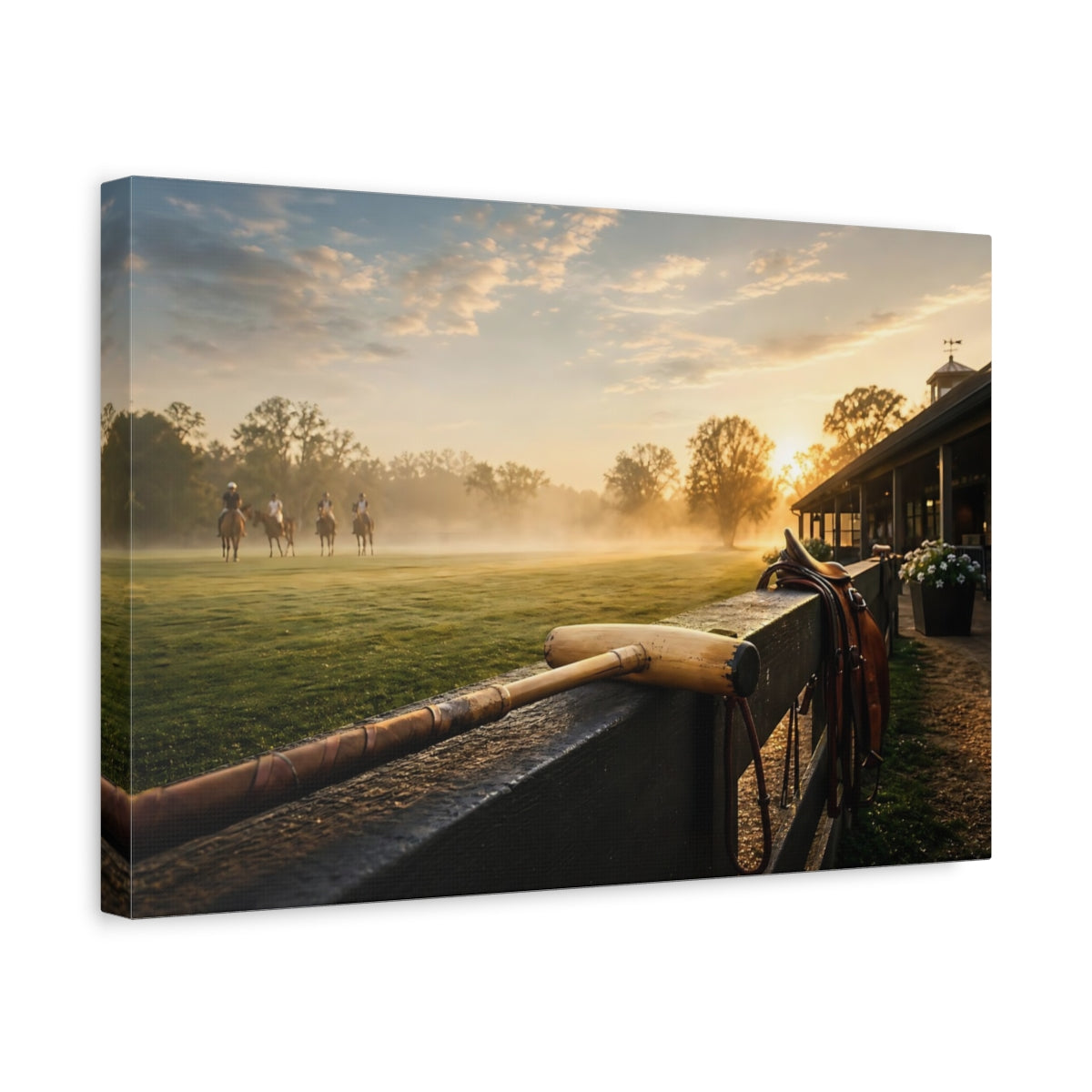 Side Mockup 4. Sunrise Polo Field shown as canvas print