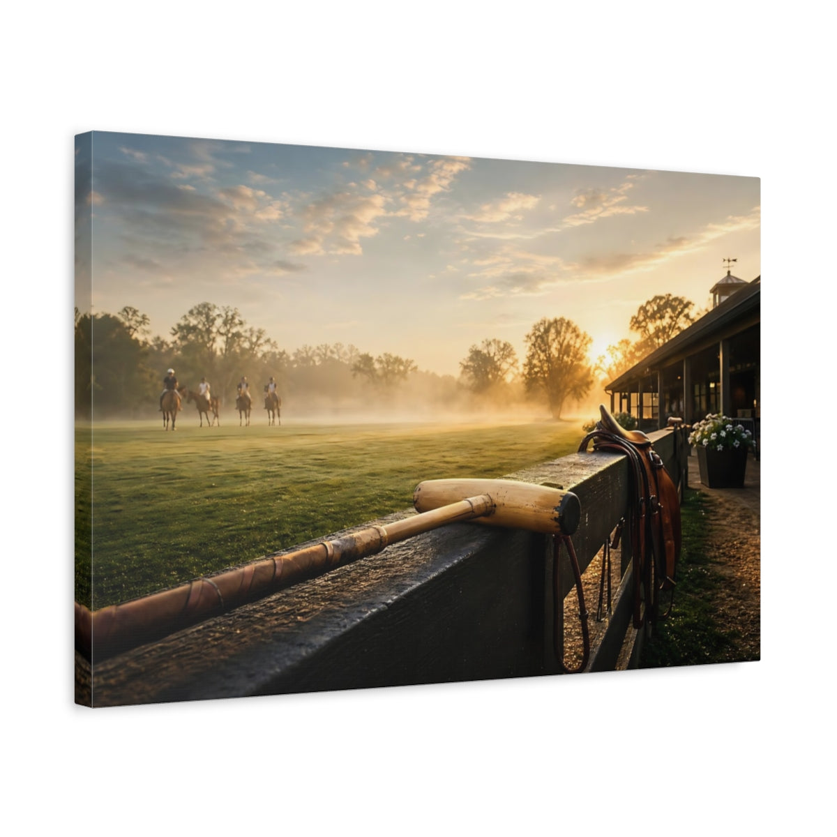 Side Mockup 3. Sunrise Polo Field shown as canvas print