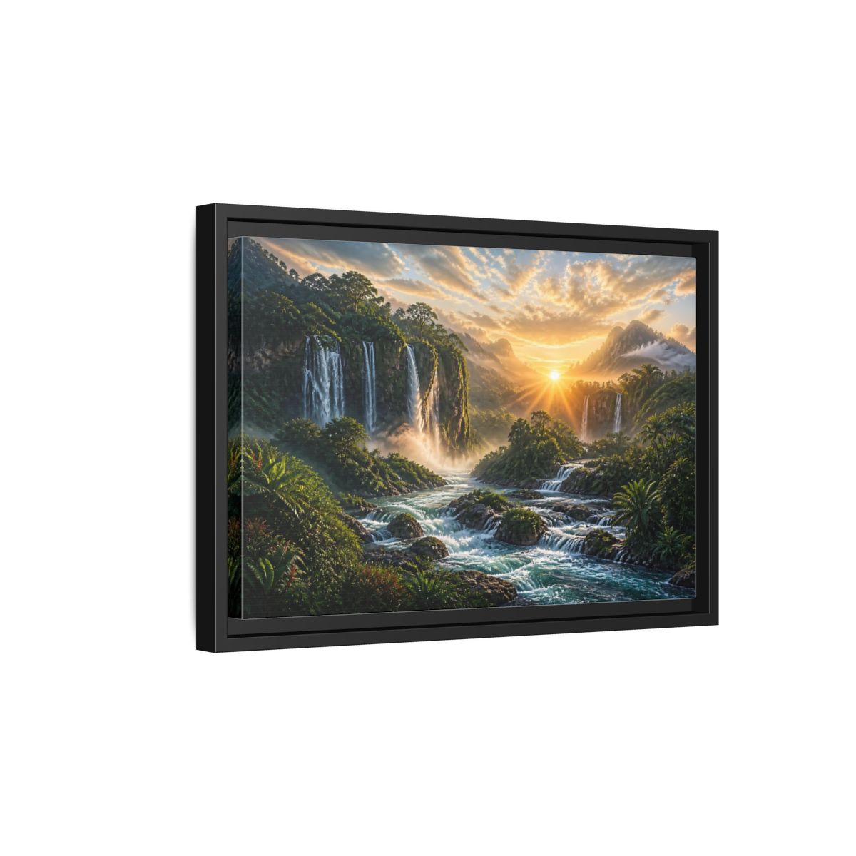 Side Mockup 6. Sunrise Rainforest Waterfalls shown as framed canvas print