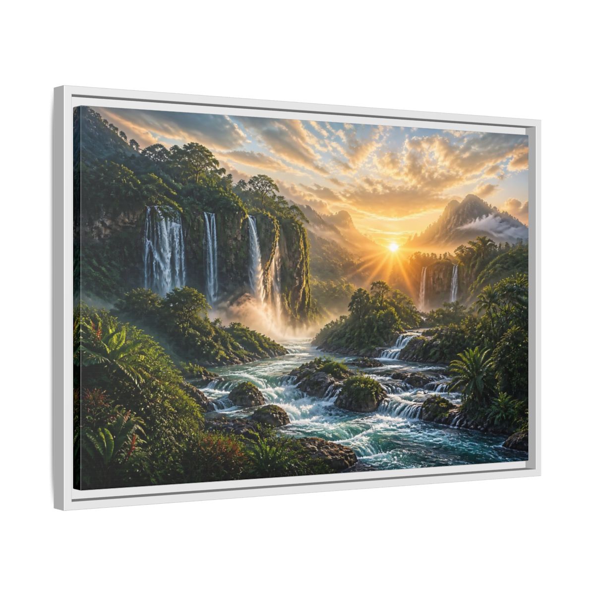 Side Mockup 10. Sunrise Rainforest Waterfalls shown as framed canvas print