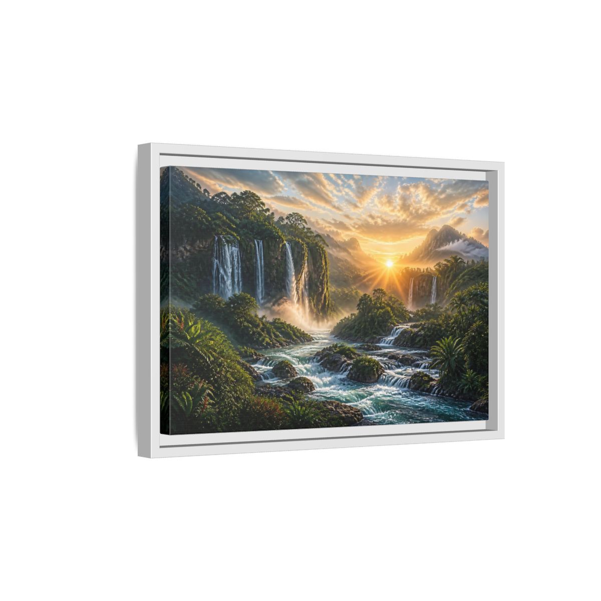 Side Mockup 4. Sunrise Rainforest Waterfalls shown as framed canvas print
