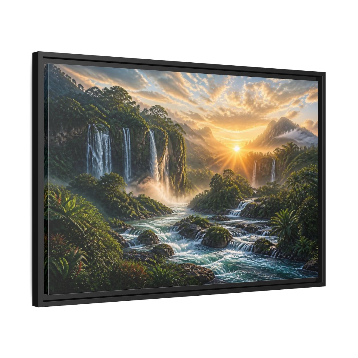 Side Mockup 14. Sunrise Rainforest Waterfalls shown as framed canvas print