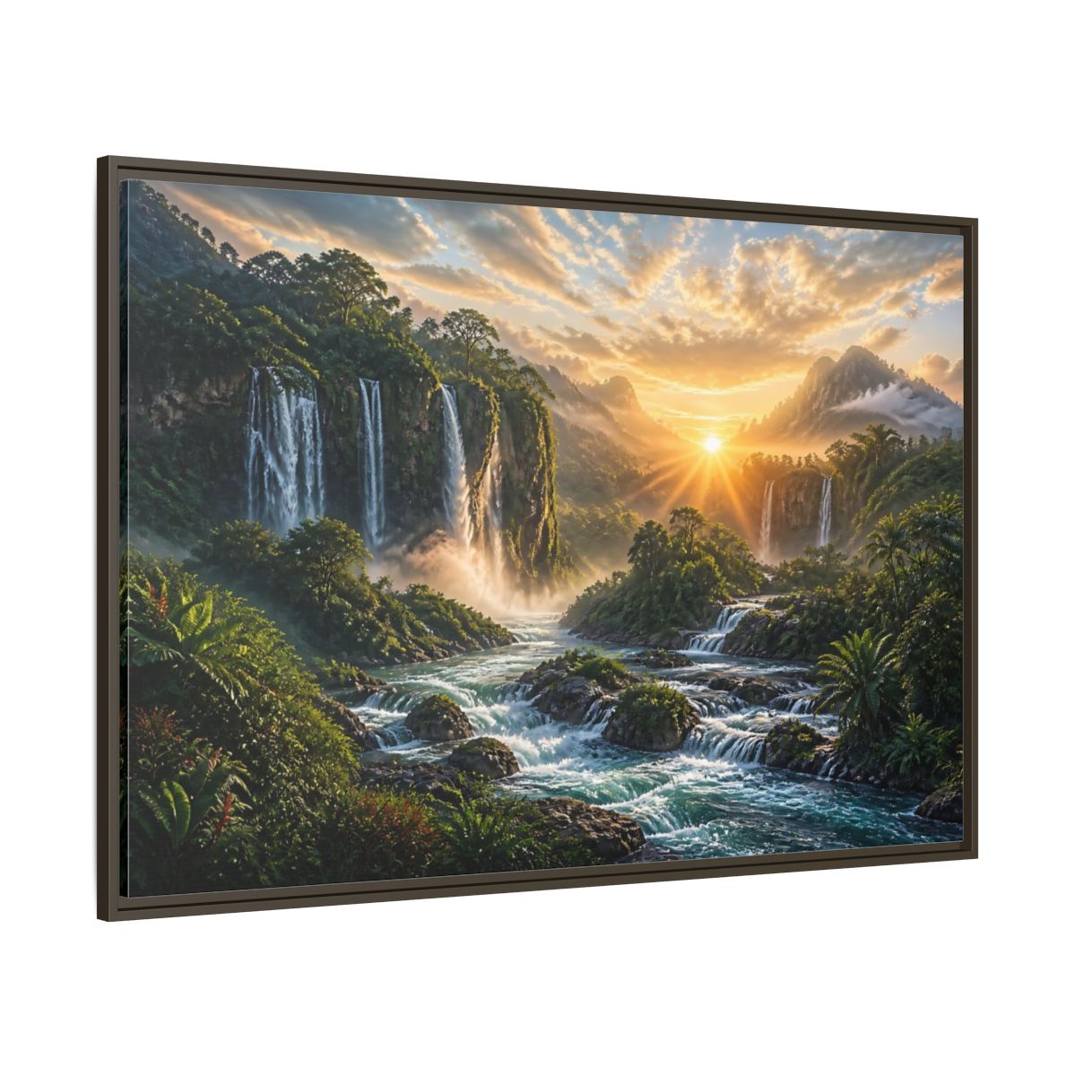Side Mockup 8. Sunrise Rainforest Waterfalls shown as framed canvas print