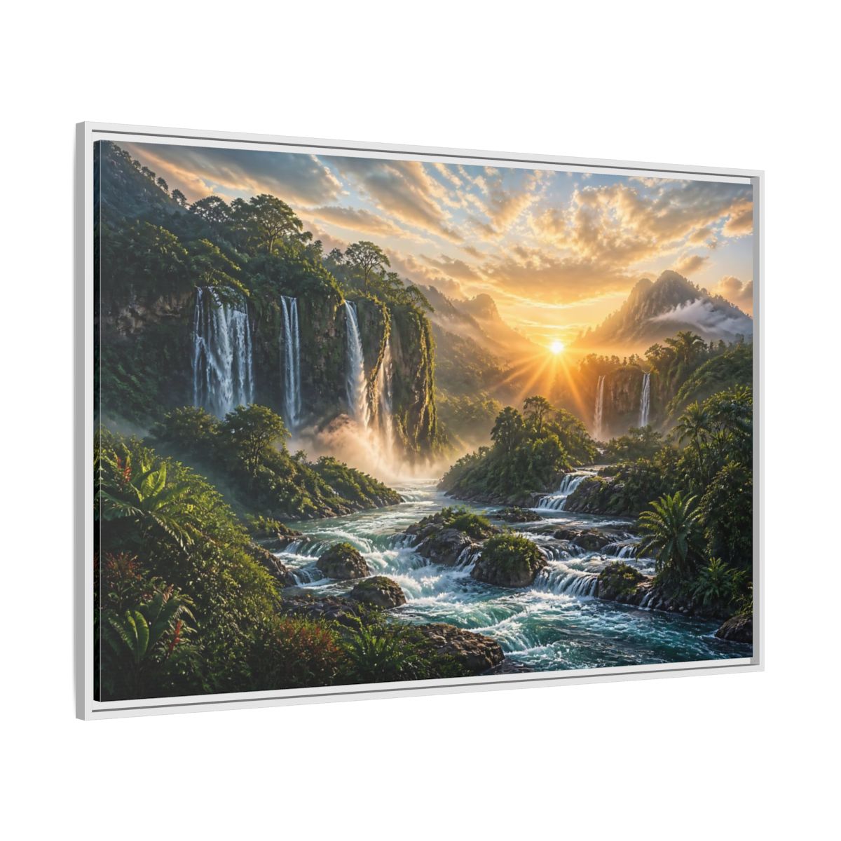 Side Mockup 7. Sunrise Rainforest Waterfalls shown as framed canvas print