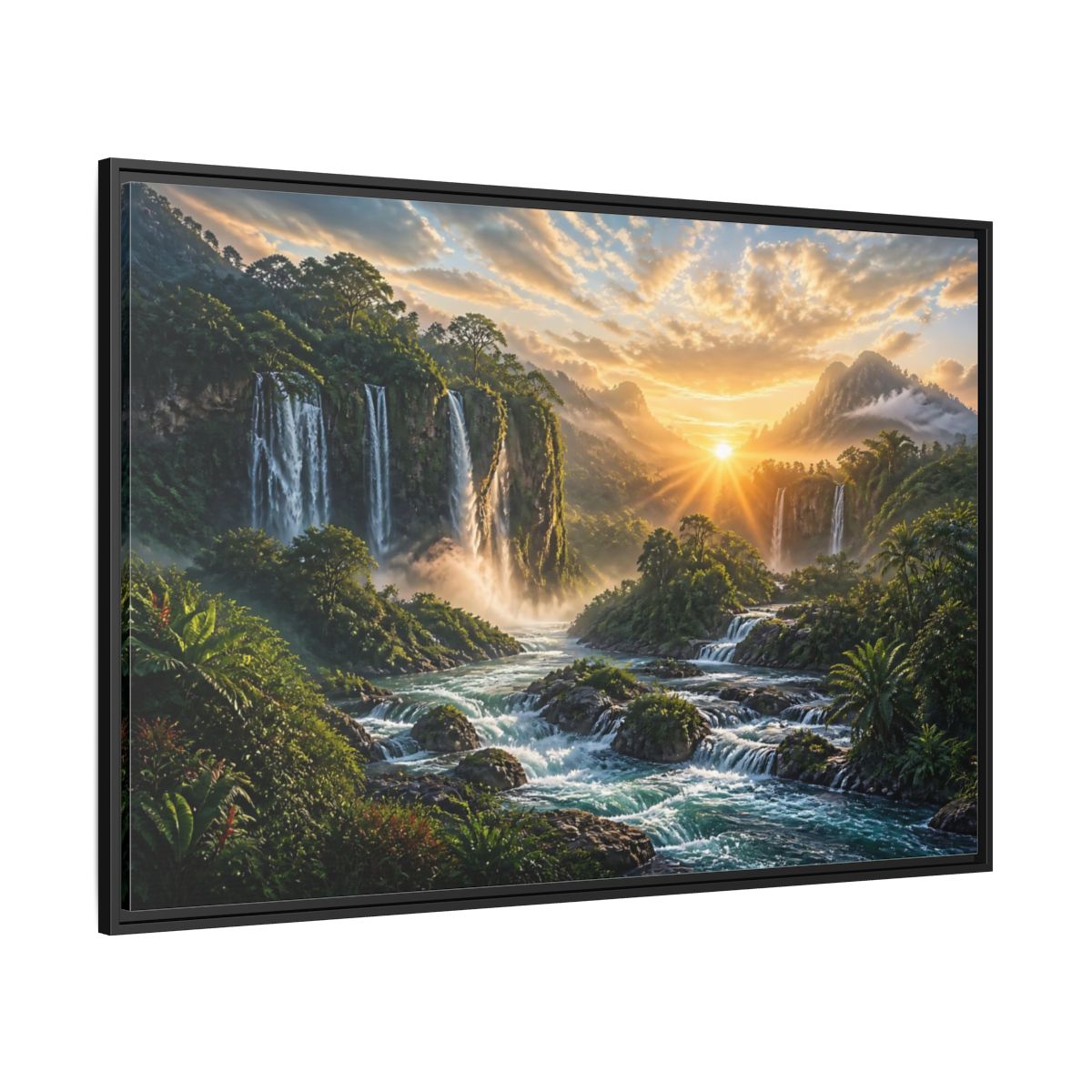 Side Mockup 12. Sunrise Rainforest Waterfalls shown as framed canvas print
