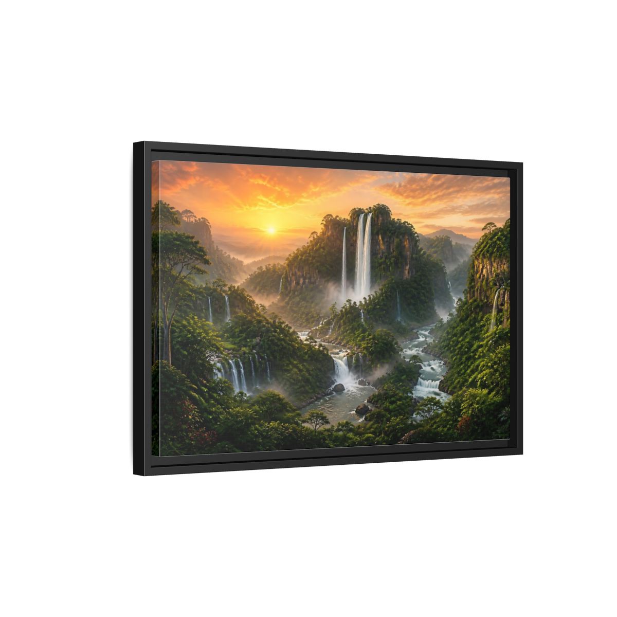 Side Mockup 3. Sunrise Rainforest Waterfalls shown as framed canvas print