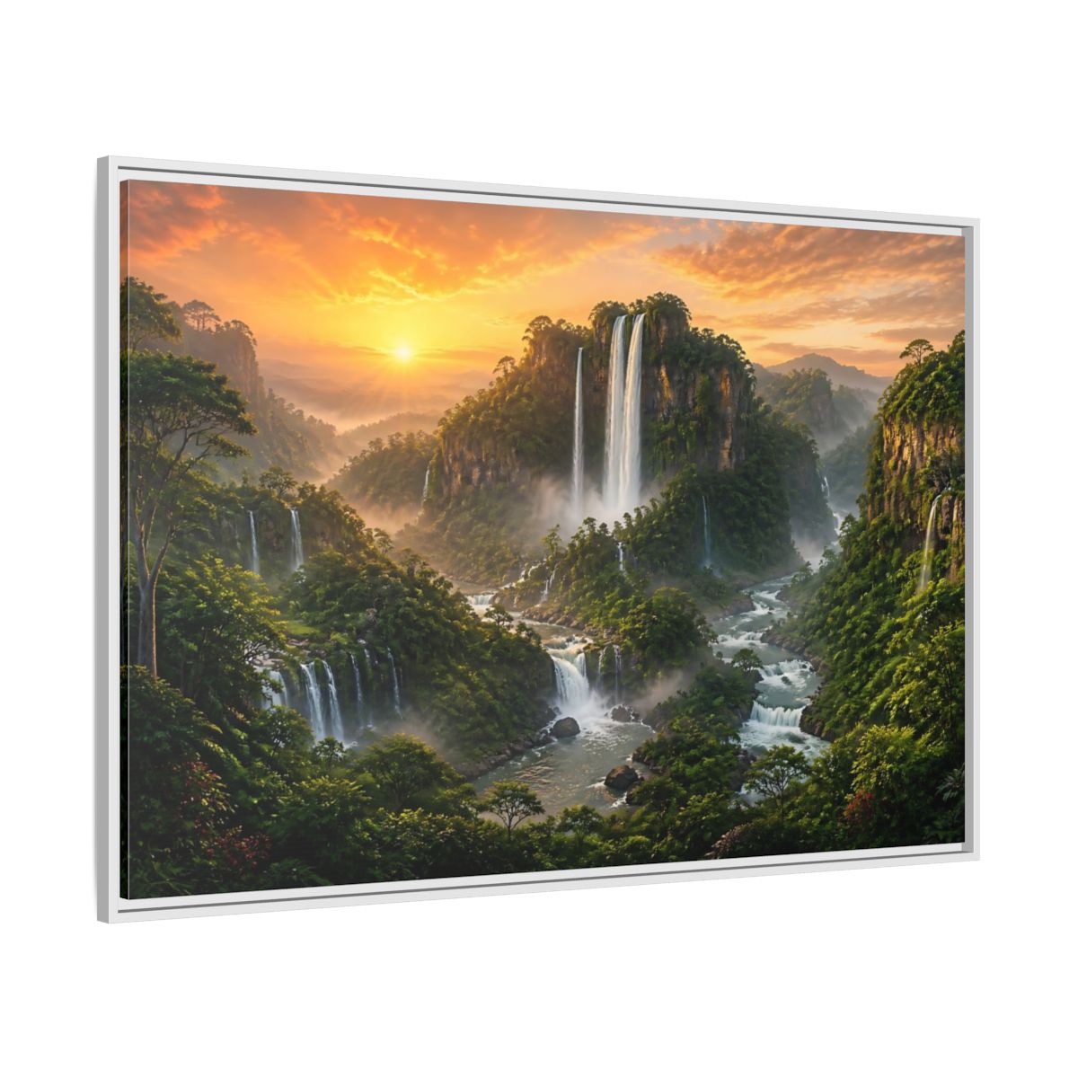 Side Mockup 7. Sunrise Rainforest Waterfalls shown as framed canvas print