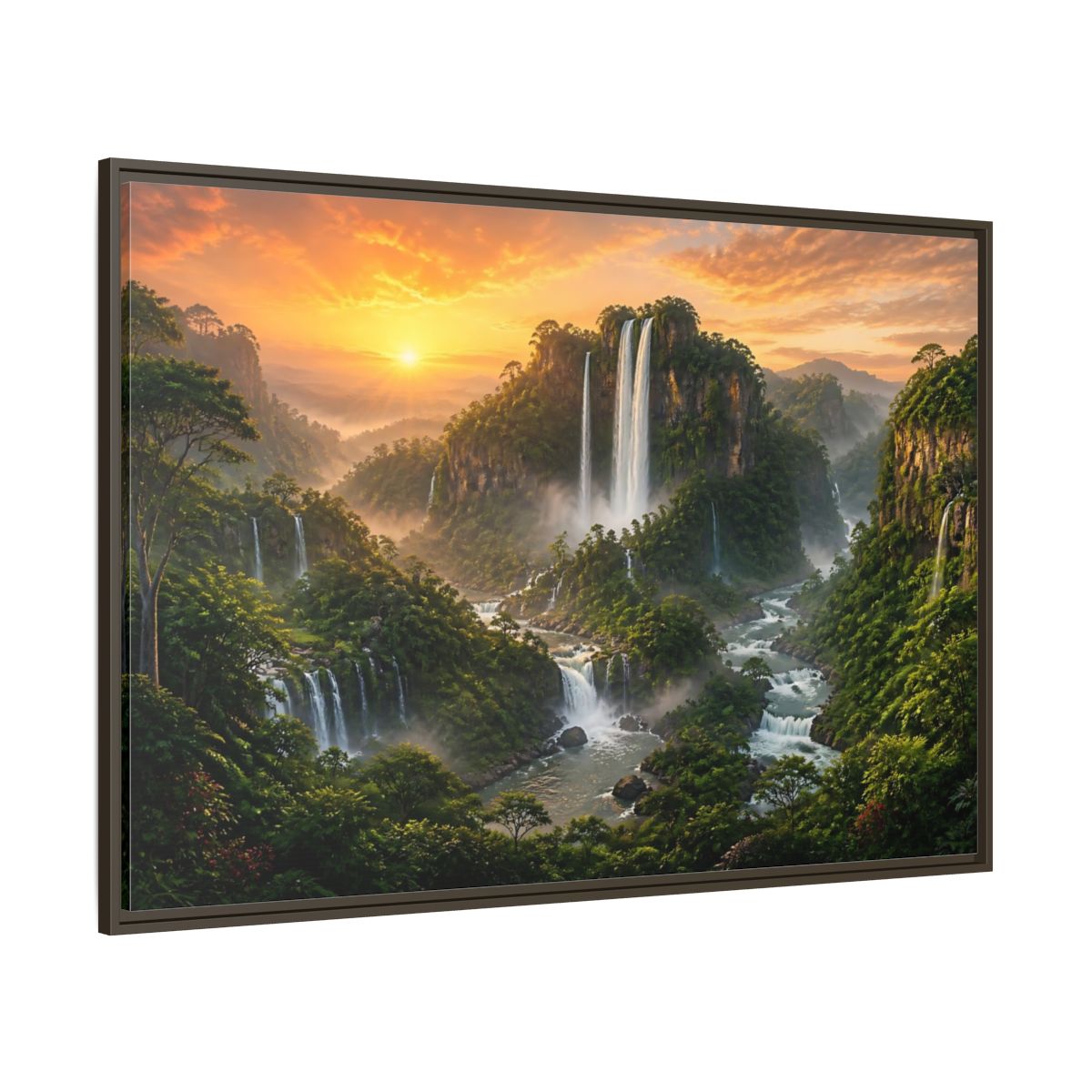 Side Mockup 8. Sunrise Rainforest Waterfalls shown as framed canvas print