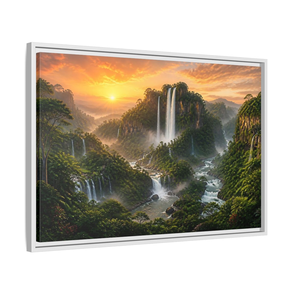 Side Mockup 10. Sunrise Rainforest Waterfalls shown as framed canvas print
