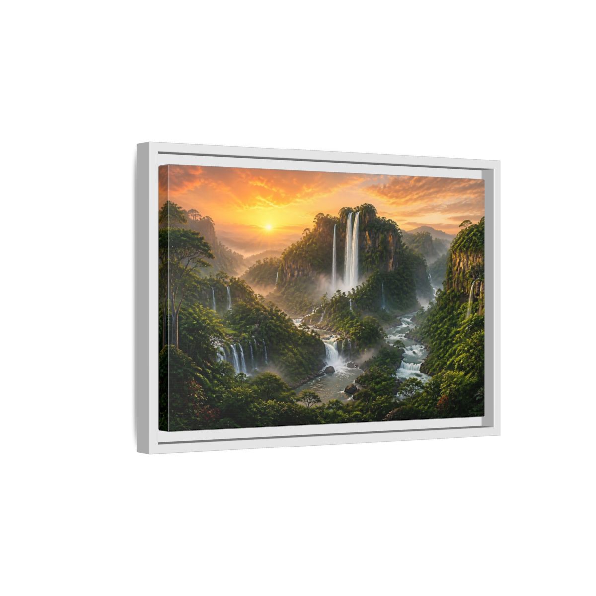 Side Mockup 4. Sunrise Rainforest Waterfalls shown as framed canvas print