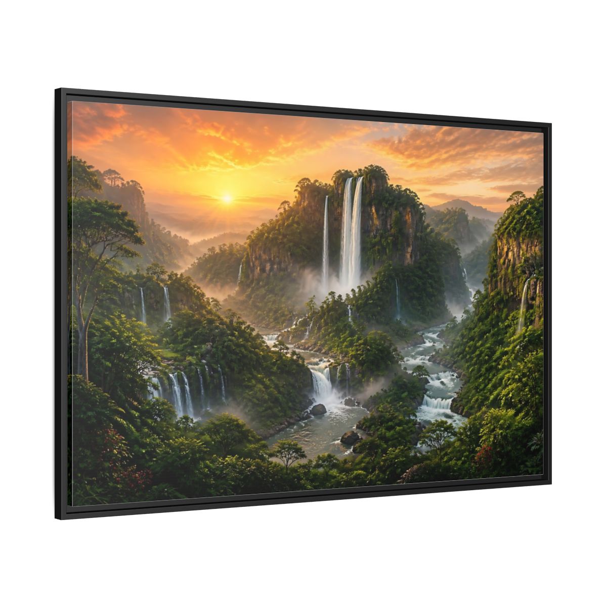 Side Mockup 12. Sunrise Rainforest Waterfalls shown as framed canvas print