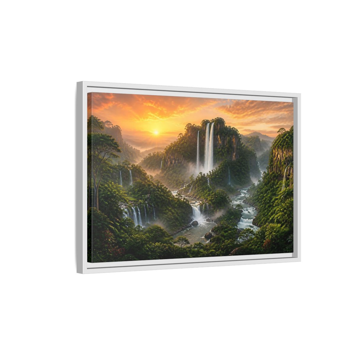 Side Mockup 1. Sunrise Rainforest Waterfalls shown as framed canvas print