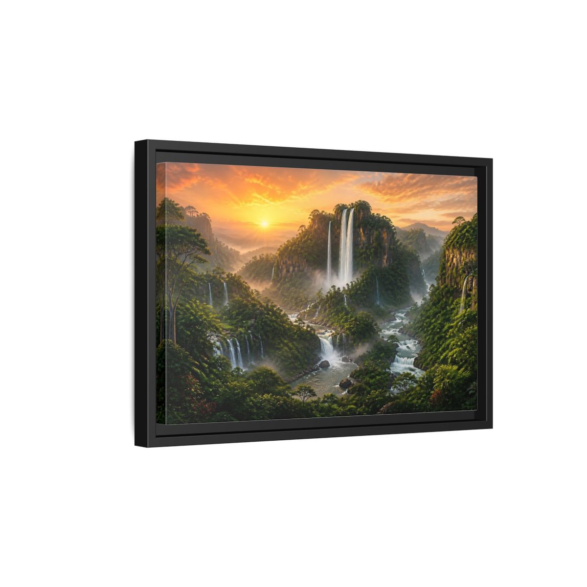 Side Mockup 6. Sunrise Rainforest Waterfalls shown as framed canvas print