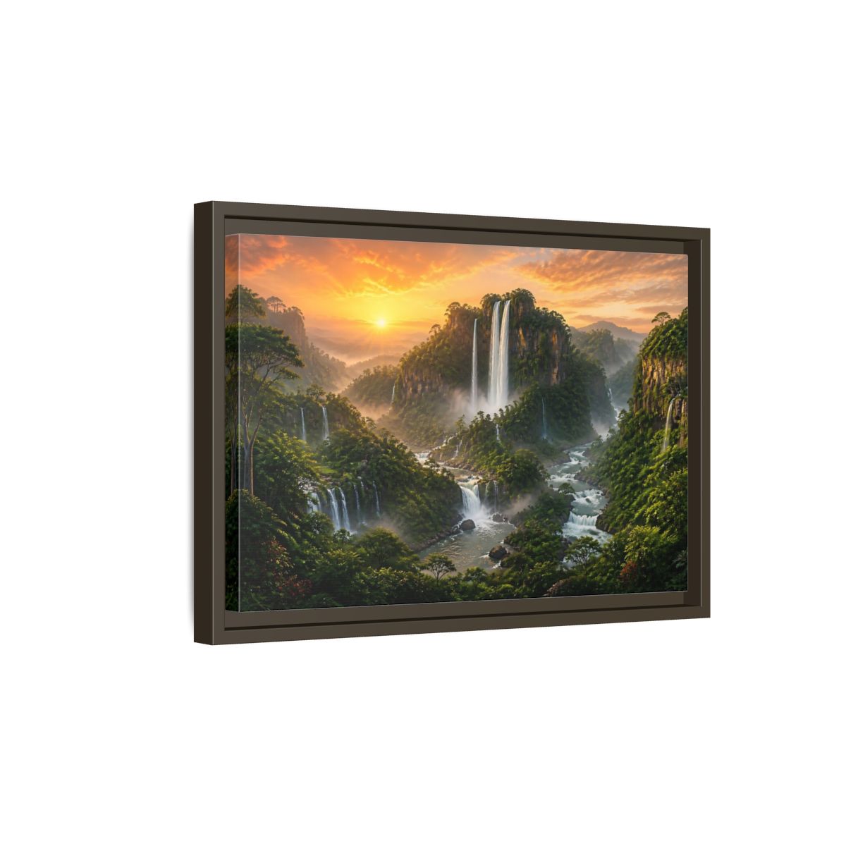 Side Mockup 5. Sunrise Rainforest Waterfalls shown as framed canvas print