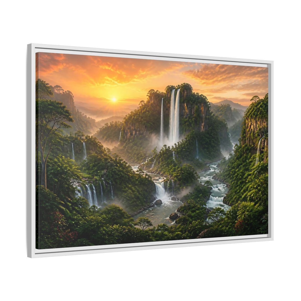 Side Mockup 9. Sunrise Rainforest Waterfalls shown as framed canvas print