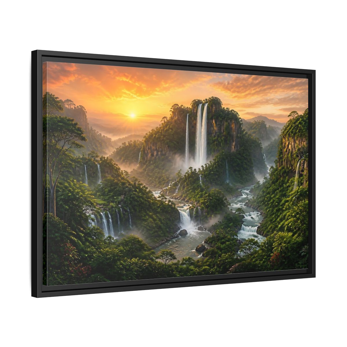 Side Mockup 14. Sunrise Rainforest Waterfalls shown as framed canvas print
