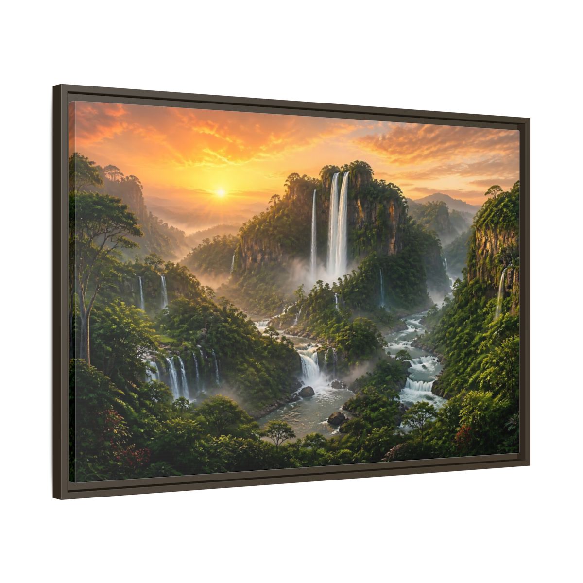 Main Mockup. Sunrise Rainforest Waterfalls shown as framed canvas print