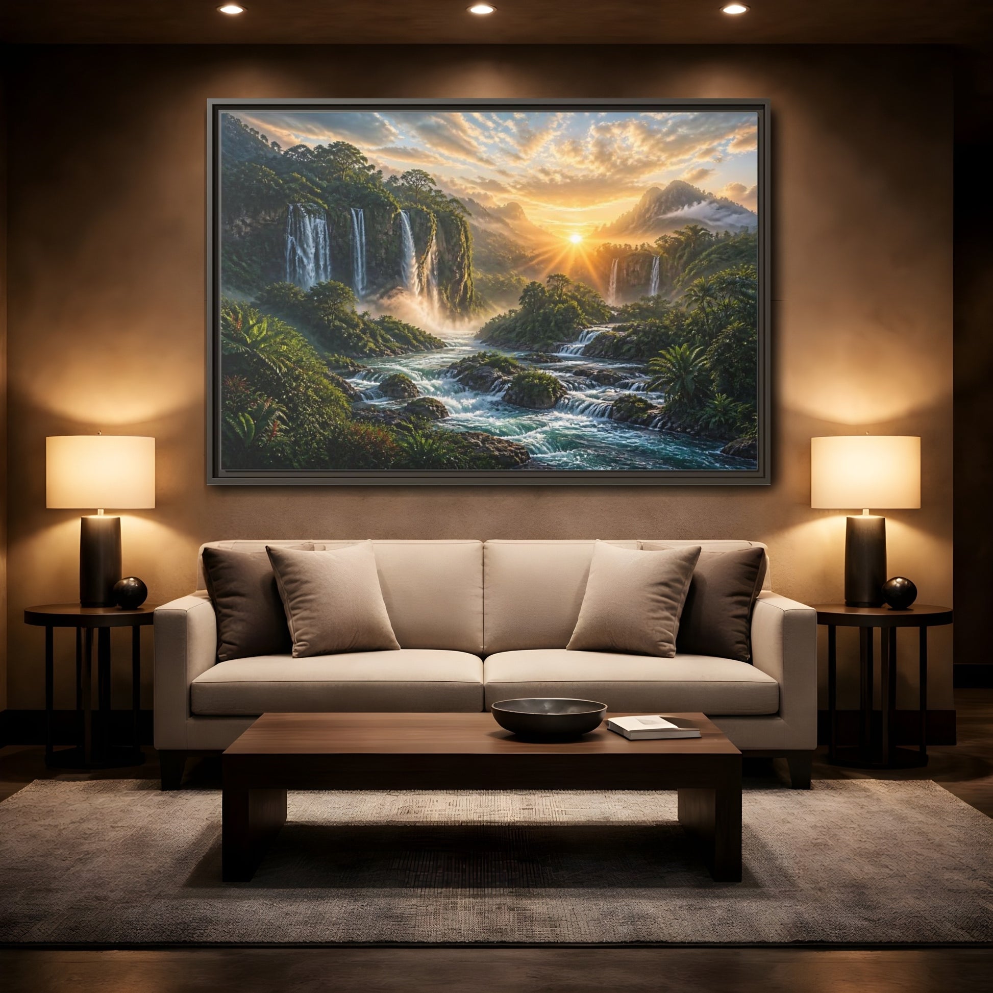Mockup 2. Sunrise Rainforest Waterfalls shown as framed canvas print
