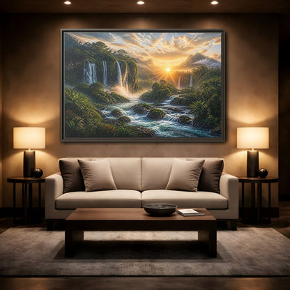 Mockup 2. Sunrise Rainforest Waterfalls shown as framed canvas print