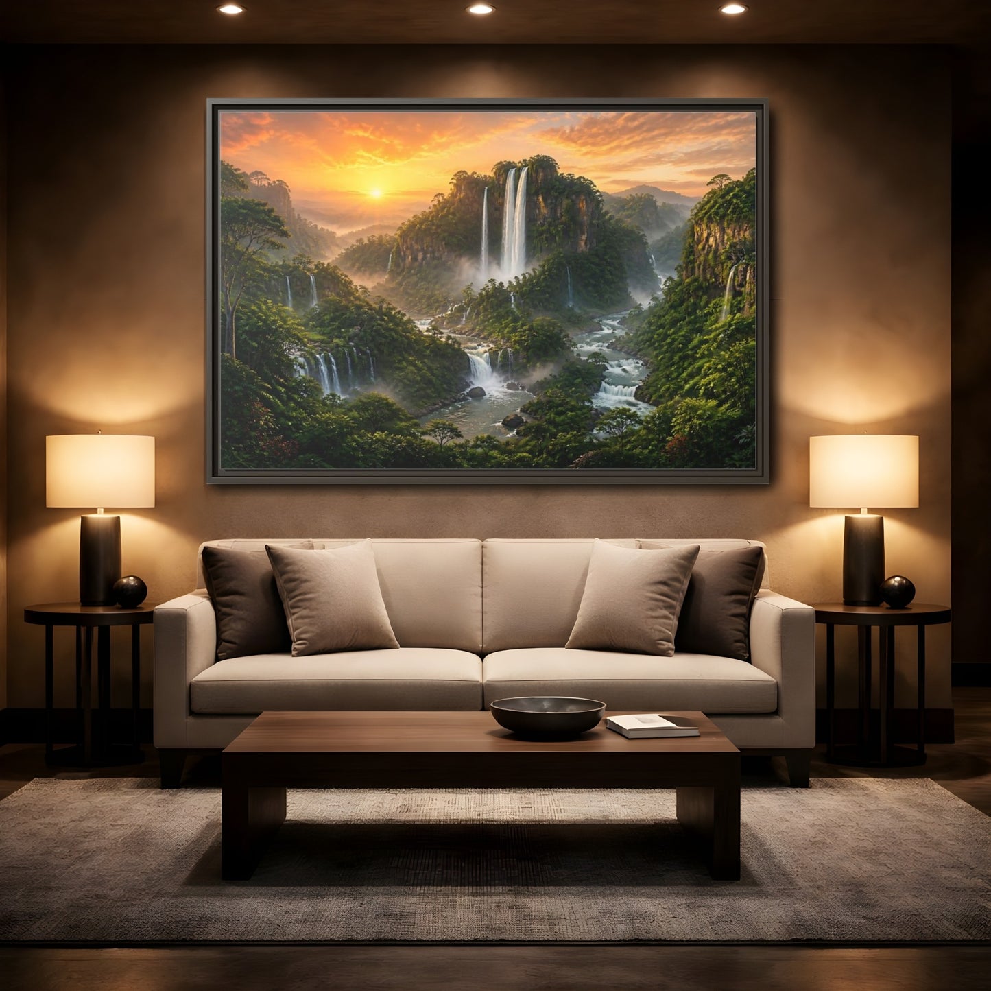 Mockup 2. Sunrise Rainforest Waterfalls shown as framed canvas print