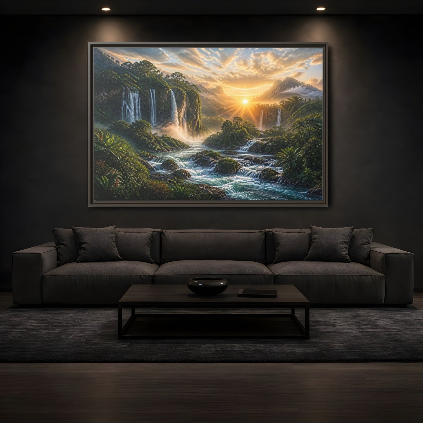 Mockup 3. Sunrise Rainforest Waterfalls shown as framed canvas print