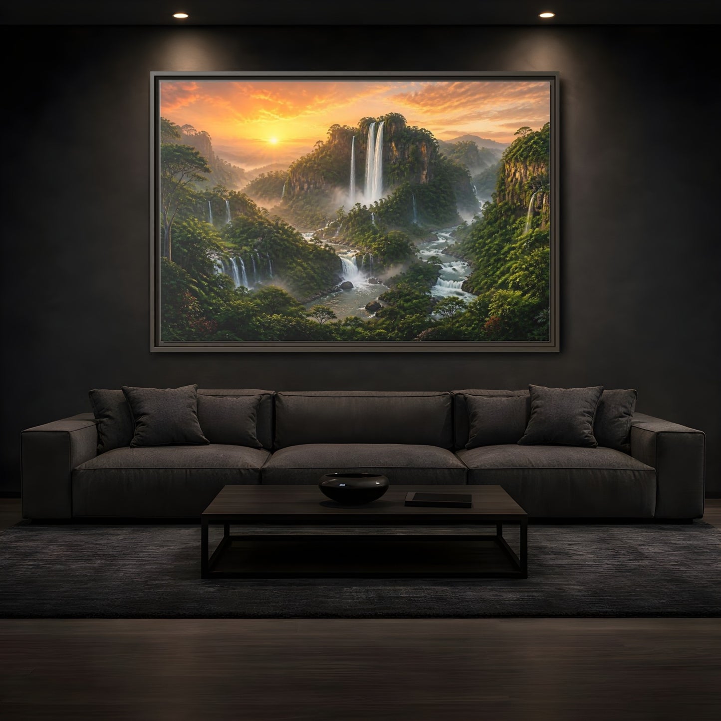 Mockup 3. Sunrise Rainforest Waterfalls shown as framed canvas print