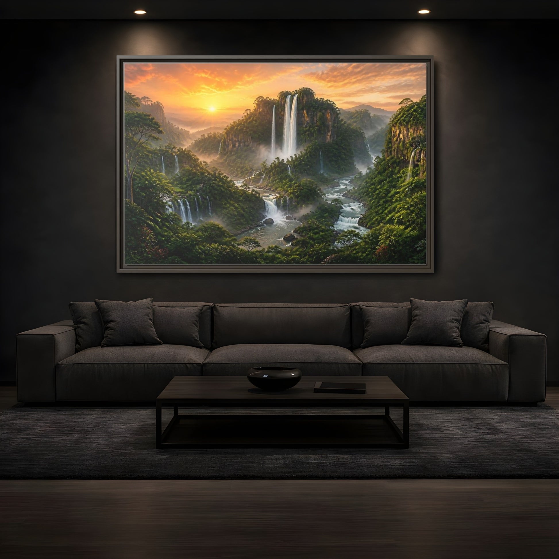 Mockup 3. Sunrise Rainforest Waterfalls shown as framed canvas print