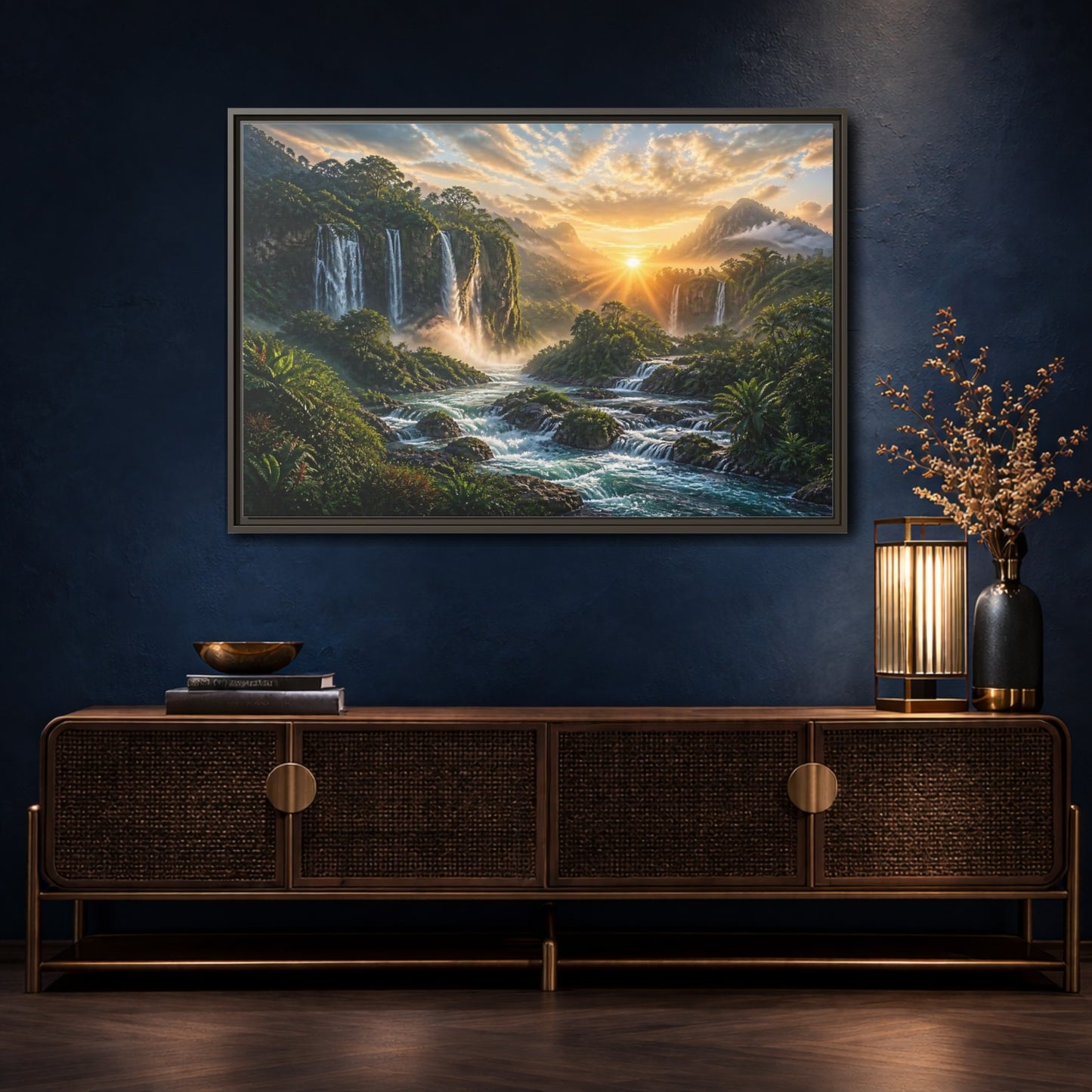 Mockup 4. Sunrise Rainforest Waterfalls shown as framed canvas print
