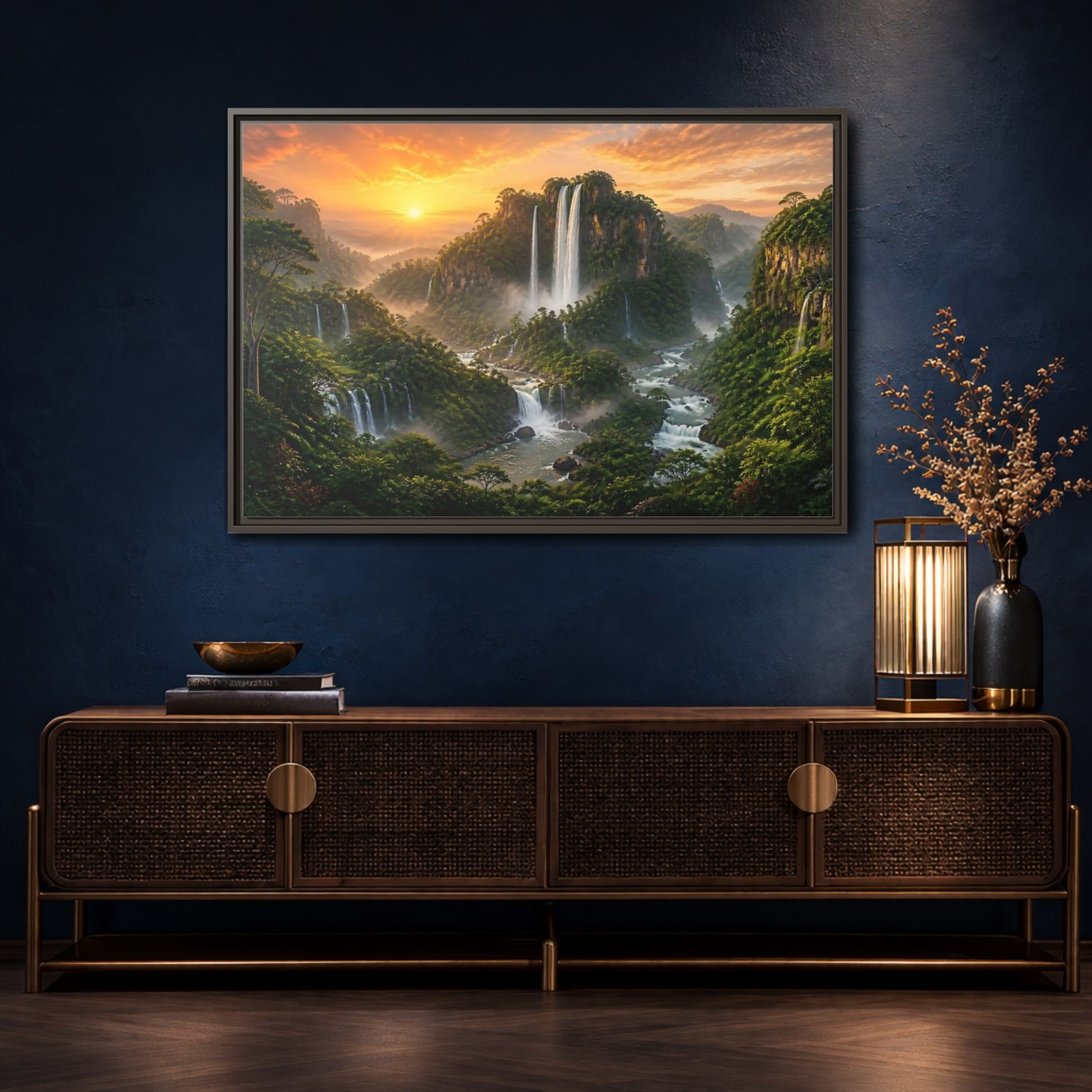 Mockup 4. Sunrise Rainforest Waterfalls shown as framed canvas print