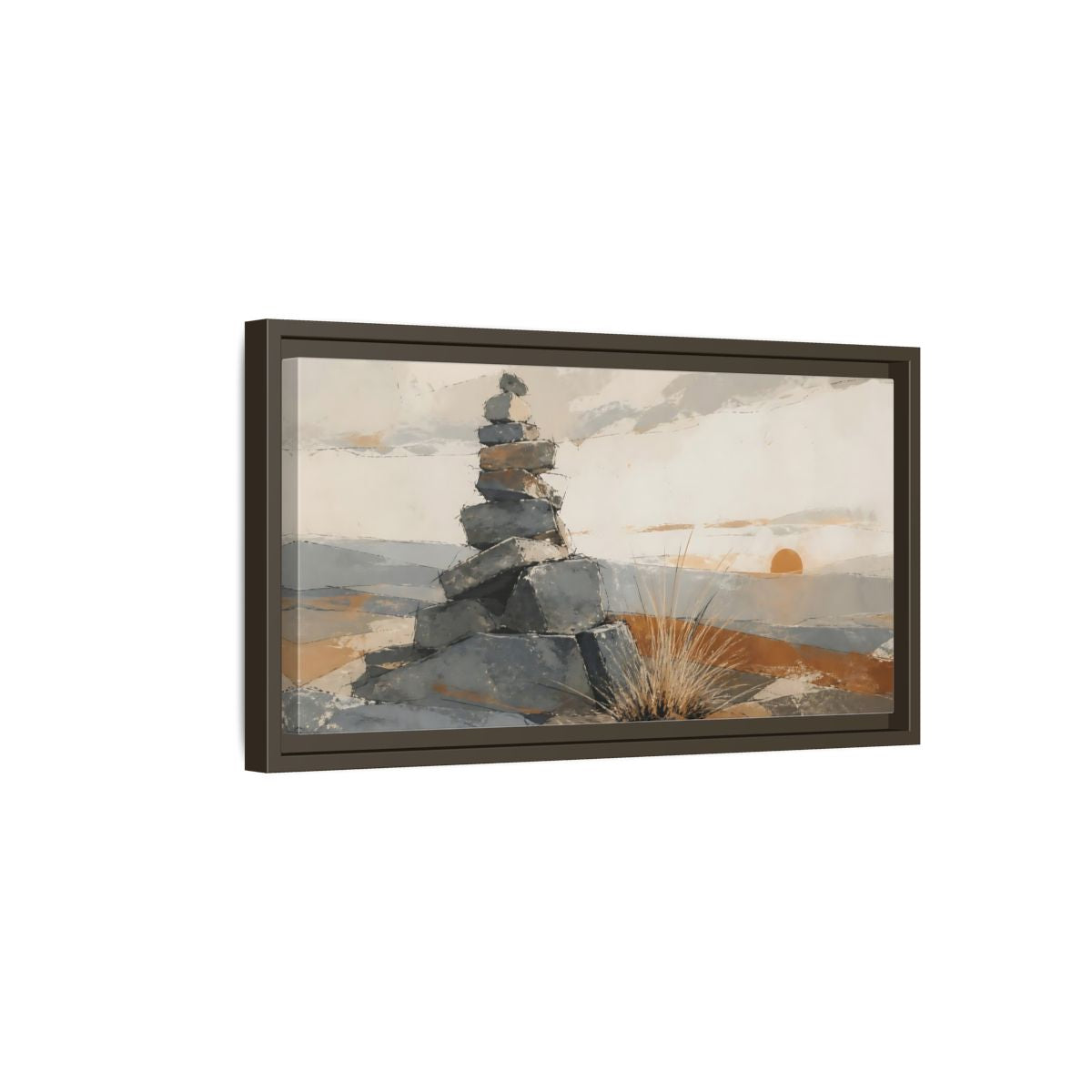 Side Mockup 7. Sunrise Stone Cairn shown as framed canvas print