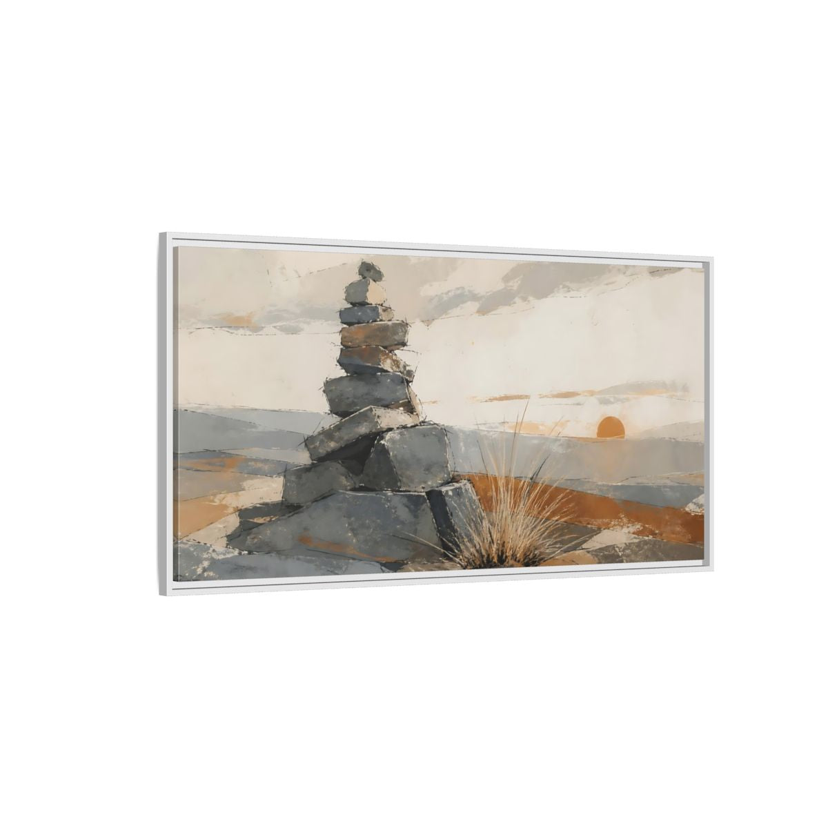 Side Mockup 3. Sunrise Stone Cairn shown as framed canvas print