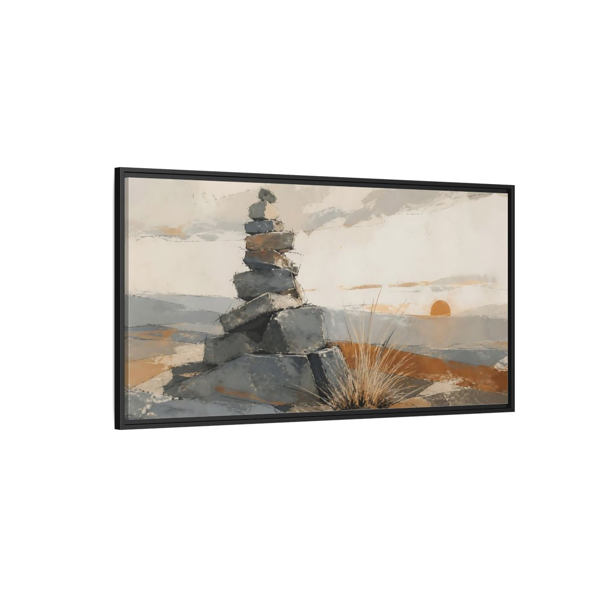 Side Mockup 5. Sunrise Stone Cairn shown as framed canvas print