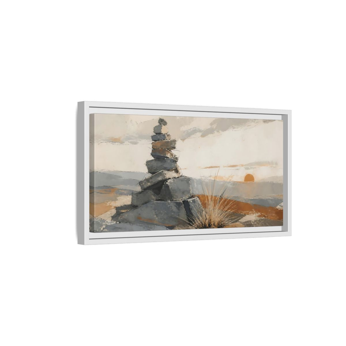 Side Mockup 6. Sunrise Stone Cairn shown as framed canvas print