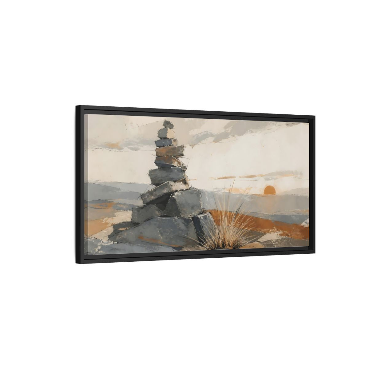 Side Mockup 2. Sunrise Stone Cairn shown as framed canvas print