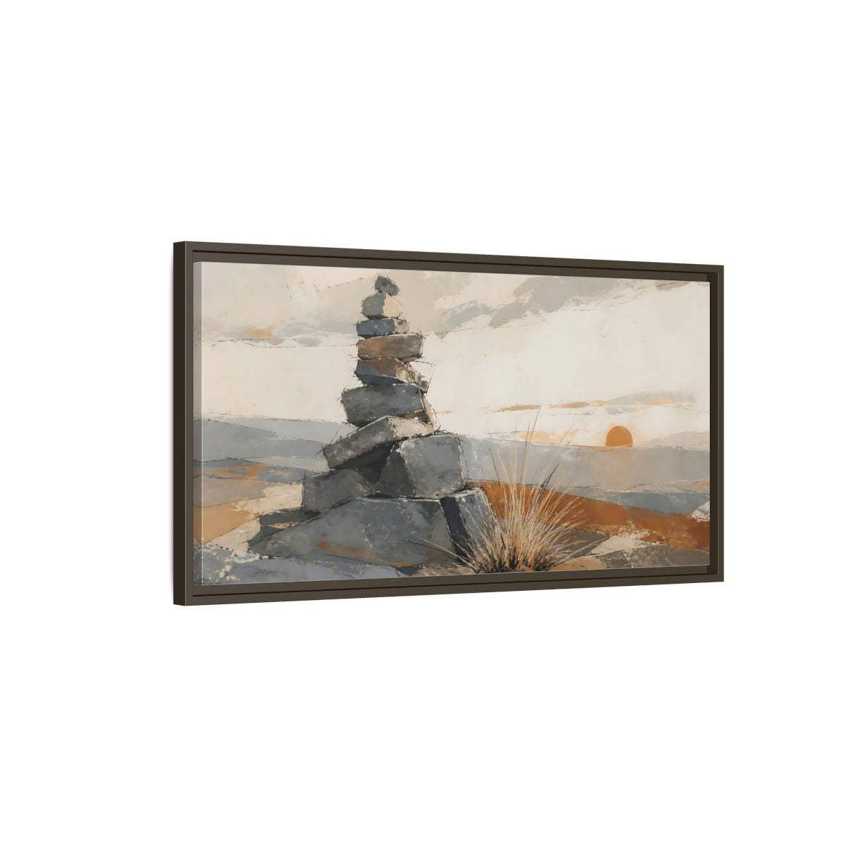 Main Mockup. Sunrise Stone Cairn shown as framed canvas print